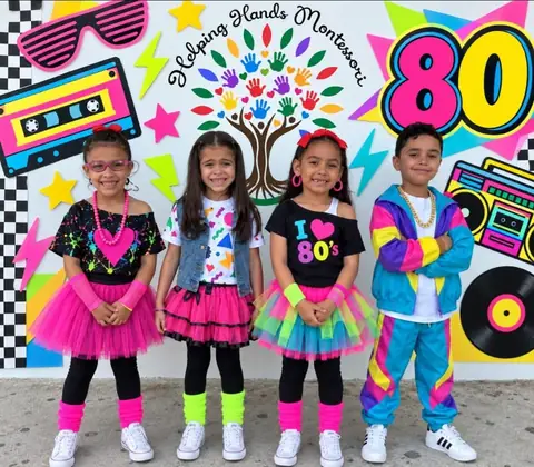Cuatro estudiantes con atuendos de los años 80 frente al mural escolar