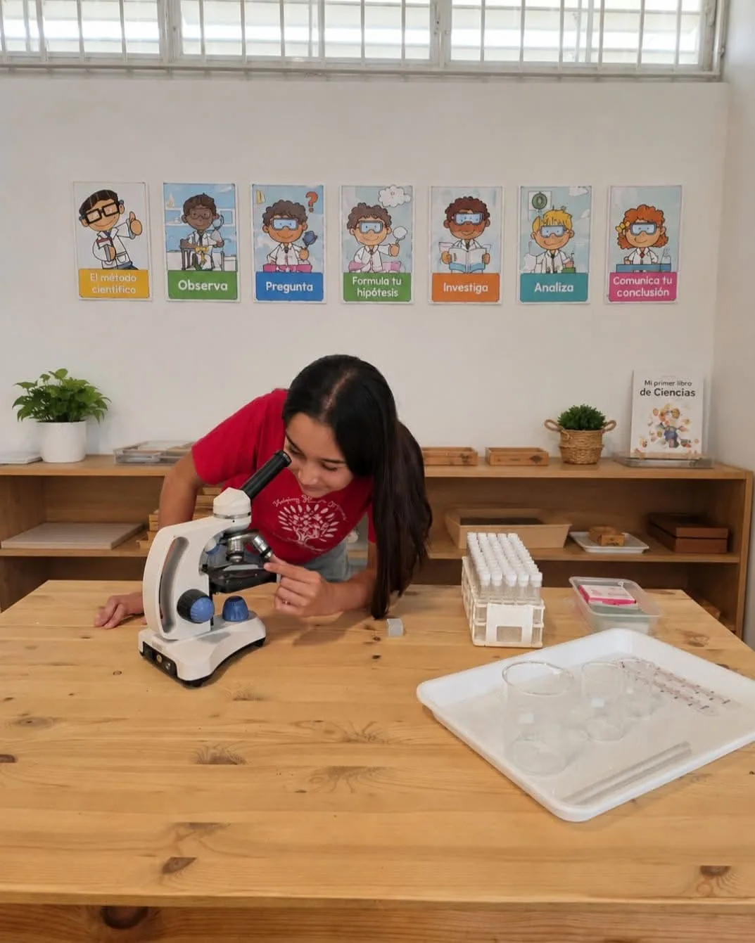 Estudiante observando muestras con el microscopio en el área de ciencias